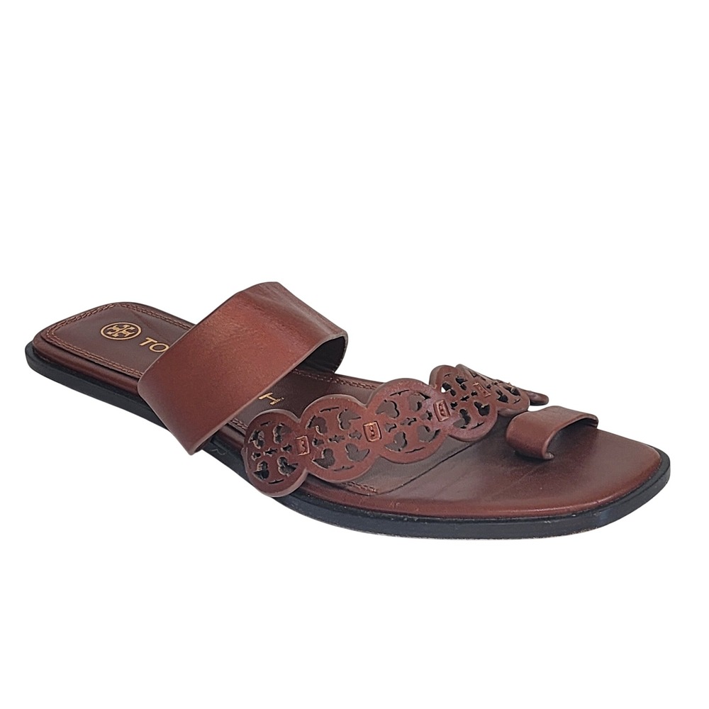 Tory Burch Brown Leather Tiny Miller Laser Cut Toe Ring Flat Sandals 9 79668 - Picture 4 of 6